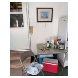 Card table, coolers, folding chair, chemicals, Duck wall art
