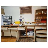 Plastic Container on Rollers with Contents, Hammers, Sewing Supplies, Cowboy Boot Bookends, Misc Rags, Metal Tins, Bookshelf, Thread, Hair Brushes LARGE LOT CHECK ALL PICTURES - Bring Boxes to Pack