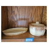 Vintage Frankoma Pottery - Mayan Aztec oval serving platter (model 7Q) and Wagon Wheel covered casserole (Model 94W) both Desert Gold glaze
