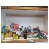 Caulk guns, paper towels, tape, chalk line