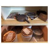 Wagner Cast waffle Iron, trivets, Bacon press, tins with contents (bring box to pack)