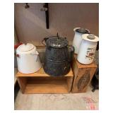 Two granite ware pots, coffee pots, two wood crates