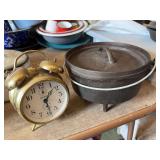 Small cast unmarked dutch oven, clock