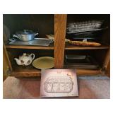 Baking Dishes, Foil Pans,  Pine Cone Tea Pot, Plates, Candles, Serving Platter (2 Shelves) - Bring Boxes to Pack