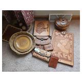 Vintage Hand-Tooled Leather Items - Photo Album, Wallets, Wood Carved Bowl with Lid, Coasters - Bring Boxes to Pack