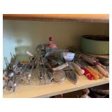 Vintage hand mixers, kitchen gadgets, scoops, cake plate