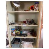Mirror, old top, cast oil lamp holder, cassette tapes-all contents on shelf (bring a box to pack)