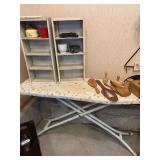 Wood Butter molds and spoons, ironing board, two wood shelf’s with contents