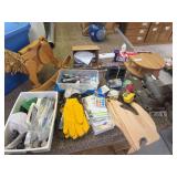 Cutting boards, decorations, horse craft materials, gloves, alarm clock, paper, towel holder curling Iron (Bring boxes to pack)