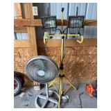 Double head work light on stand and oscillating floor fan