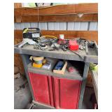 StackOn rolling tool chest, two tool drawers, folding table and tools as shown NOTHING UNDER TABLE!!