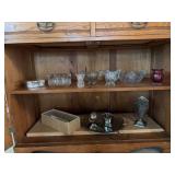Clear glass includes matching cream & sugar, cut glass bowl, cranberry rose vase, silverplate ladle, serving tray, and condiment bowl, vase, etc