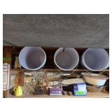 Beer making buckets, milk bottles, Uncle Sam, zinc lids, plastic storage containers, stainless steel bowls, etc