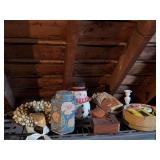 Home decor, snowman cookie jar, sewing notions etc