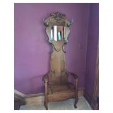 Oak hall tree with central mirror, coat hooks and lift top storage bench14D x 26L x 75H