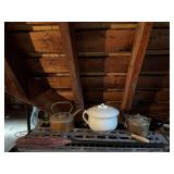 Rug beater, your broom, ironstone chamber pot and two brass/copper? kettles
