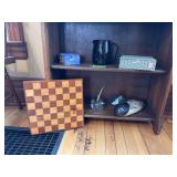 Black Mikasa pitcher, checkerboard, wooden decoy, Asian art, ink well