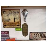 Assorted signs, license plate, brass plaque, Cowboy 10 Commsndments