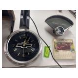 Chevy hubcap clock, dash mount clock and 1938 calendar