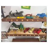Pewter statue, cast and tin cars, metal mini road signs