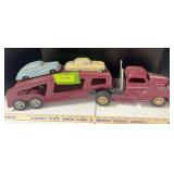 Pressed tin car hauler and 2 national products cast aluminum cars