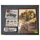 Harley Davidson poster, 2 Repro signs and thermometer