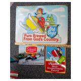 3 Tin Beer signs, & 1 round plastic sign, snowmobile themed
