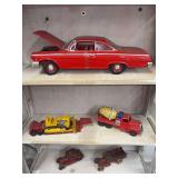 Miatso car, Tootsie Toy flatbed and dozer, cement truck 2 Arcade cast iron vehicles