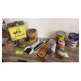 Old oil cans, Harley thermometer, and banks