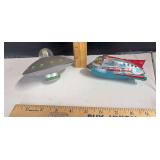 Tin/plastic Sonicon rocket toy and UFO and alien