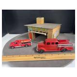Toy town fire Dept Wyandot garage tootsie toy fire truck and plastic fire truck