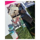 ￼ Miscellaneous home decor, including door hooks, wash boards, Barnwood wall hanger, metal signs