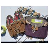Hand-painted moccasins, handmade leather handbag, and beaded necklace