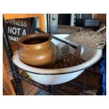 Large enamel pan plus ladle, copper vase, and trivets