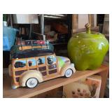 Bear caravan cookie jar and vintage green apple Mccoy? cookie jar both with some damage