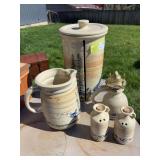 Five pieces of handmade pottery with Mountain and pine tree theme - paper towel holder, pitcher, oil lamp, and shaker bottles