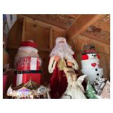 Large Santa and two hat box holiday decor, snowman, and Santa