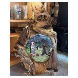 Handmade wall hanging piece with elk hide, turkey feathers, large fully beaded center mural, driftwood, and antlers