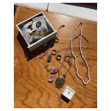 Sterling marked pieces, 10 karat gold heart pendant, pearls with gold clasp, vintage locket