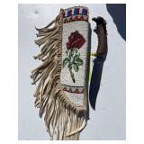 Custom-made leather knife sheath with fully beaded, rose design and custom-made, antler handle knife