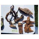Driftwood face carvings, unique art piece, and additional plain piece of driftwood