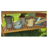 Reproduction apple box, enamel pitcher, brown top jug, crock butter dish, and pottery pitcher