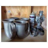 Four unique pewter mugs, pewter candle holder and ceramic stein