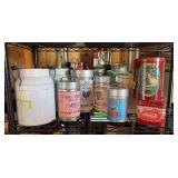 Galvanized reproduction canister set, two decorative cream can ￼tins and Coca-Cola tins