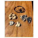 Sterling bracelet with turquoise and coral, Elk ivory, two bone carvings