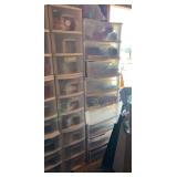 Six 3 drawer plastic storage containers full of craft supplies and other housewares includes wide and skinny plastic drawers