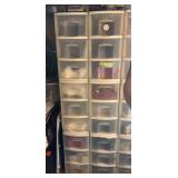 Six 3 drawer plastic storage containers, full of various craft supplies, mostly fabric
