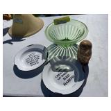 Green depression bowl, Russian nesting doll set and enamel plates