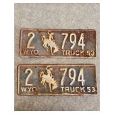 1953 Pair of Matching Wyoming Truck License Plates