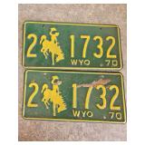 1970 Pair of Green Matching Wyoming License Plates